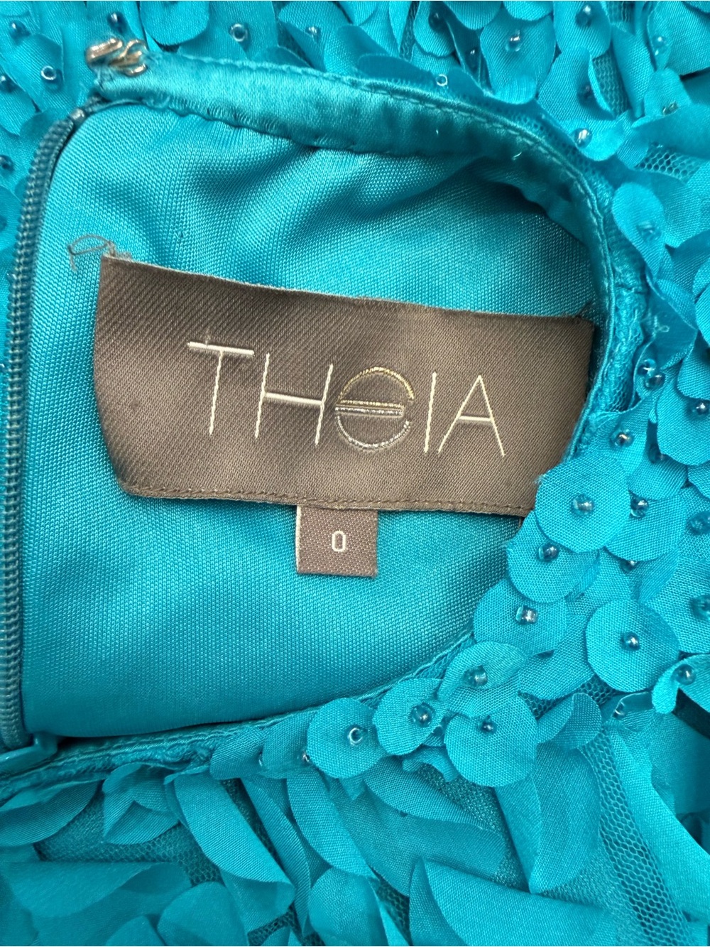 THEIA Turquoise Blue Petal Applique Sleeveless Cocktail Dress Size 0 - Picture 2 of 15